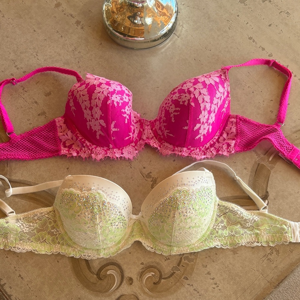 Victoria's Secret Pink Lace Balconette & Cream Bra with Lime Accents